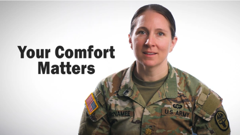 Female soldier in uniform with the words "Your Comfort Matters."