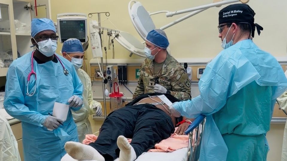 Winn ACH medical staff triage a roleplayer with simulated injuries in the emergency department's trauma room. The hospital exercised its MASCAL plan on Oct. 14 in the late morning as several simulated victims poured through the ambulance bay doors in the wake of a simulated drone attack at Fort Stewart’s Soldier Service Center.