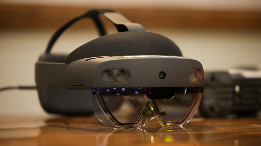 An augmented reality prototype headset is included as part of a display at Fort Stewart, Georgia, during 3rd Infantry Division’s Augmented Reality for Maintenance Training Executive Demo and Information Day, March 04, 2022. The prototypes were brought to Club Stewart to showcase the capabilities of augmented reality and provide a glimpse into the future of U.S. Army training and equipment maintenance troubleshooting and diagnostics. (U.S. Army photo by Sgt. Jose Escamilla)