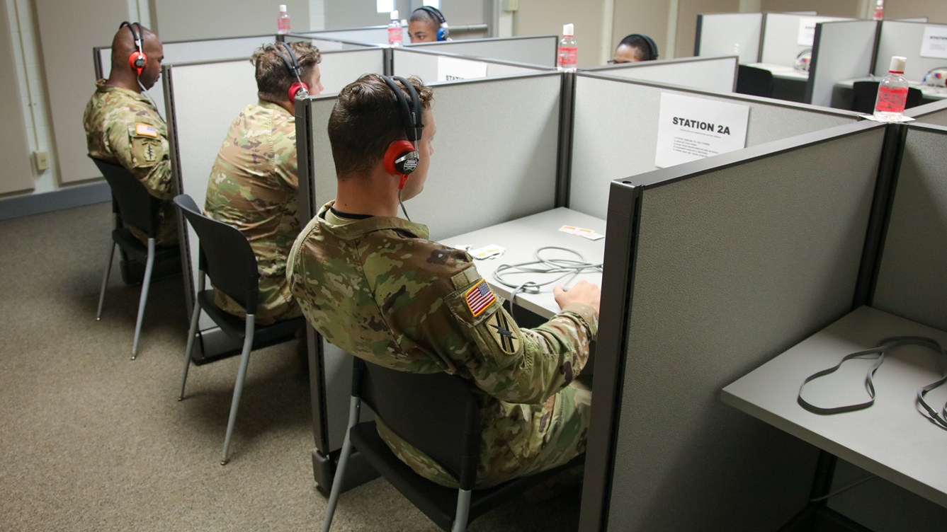 Soldiers from the Georgia Army National Guard's 48th Infantry Brigade Combat Team participate in a hearing test during Soldier Readiness Processing (SRP) at Fort Stewart, Ga. June 06, 2022. The SRP event ensured Soldiers met readiness standards across a number of medical and administrative categories.