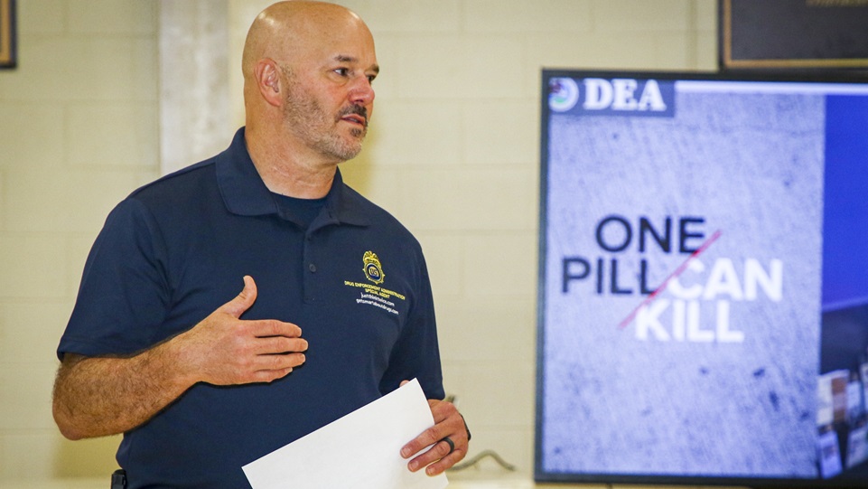 EAGLE LAKE, Texas — An agent from the U.S. Drug Enforcement Administration visits with cadets at the Texas Challenge Academy to talk about the dangers of illicit drug use, especially the current threat of fentanyl poisoning in illicit drugs during a semesterly visit to the school Sept. 9, 2022, in Eagle Lake, Texas. The Texas National Guard Joint Counterdrug Task Force partners with the U.S. Drug Enforcement Administration twice a year to host a presentation from a DEA Agent at each semester of the Texas Challenge Academy to provide updated information, statistics and warnings to the cadets regarding illicit drug use, overdose deaths and the dangers of illicit drugs pose to the cadets, their friends and thier loved ones. (National Guard photo by Army Sgt. Christina Clardy)