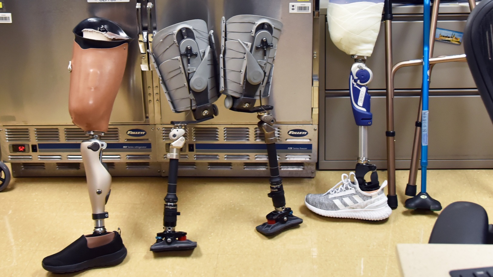 A photo of artificial limbs in Walter Reed National Military Medical Center (WRNMMC) Advanced Rehabilitation Center (ARC).