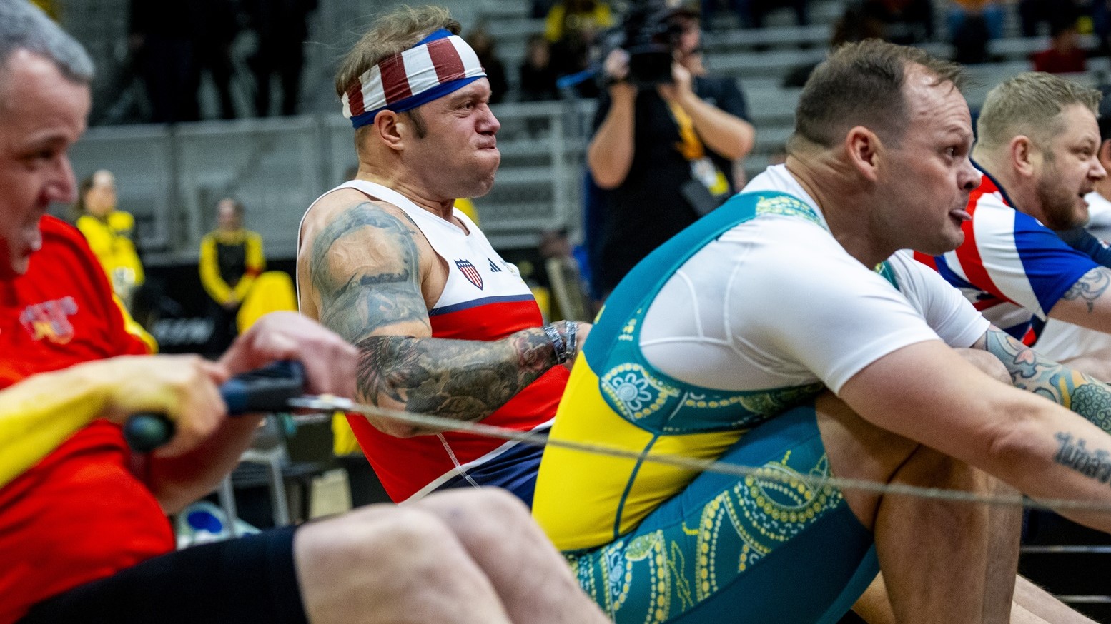 Jerry Millan, a Special Operations Command master sergeant and competitor for Team U.S., competes in indoor rowing during the 2025 Invictus Games in Vancouver, Canada, Feb. 16, 2025.
