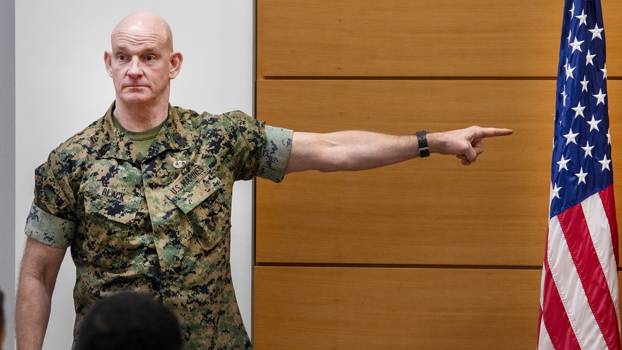 U.S. Marine Corps Sgt. Maj. Troy E. Black, Senior Enlisted Advisor to the Chairman of the Joint Chiefs of Staff, holds a town hall at the Defense Health Headquarters on March 13, 2025. Black visited with Defense Health Agency senior leaders and employees to discuss the role that the agency plays in support of the U.S. military and combatant commands.