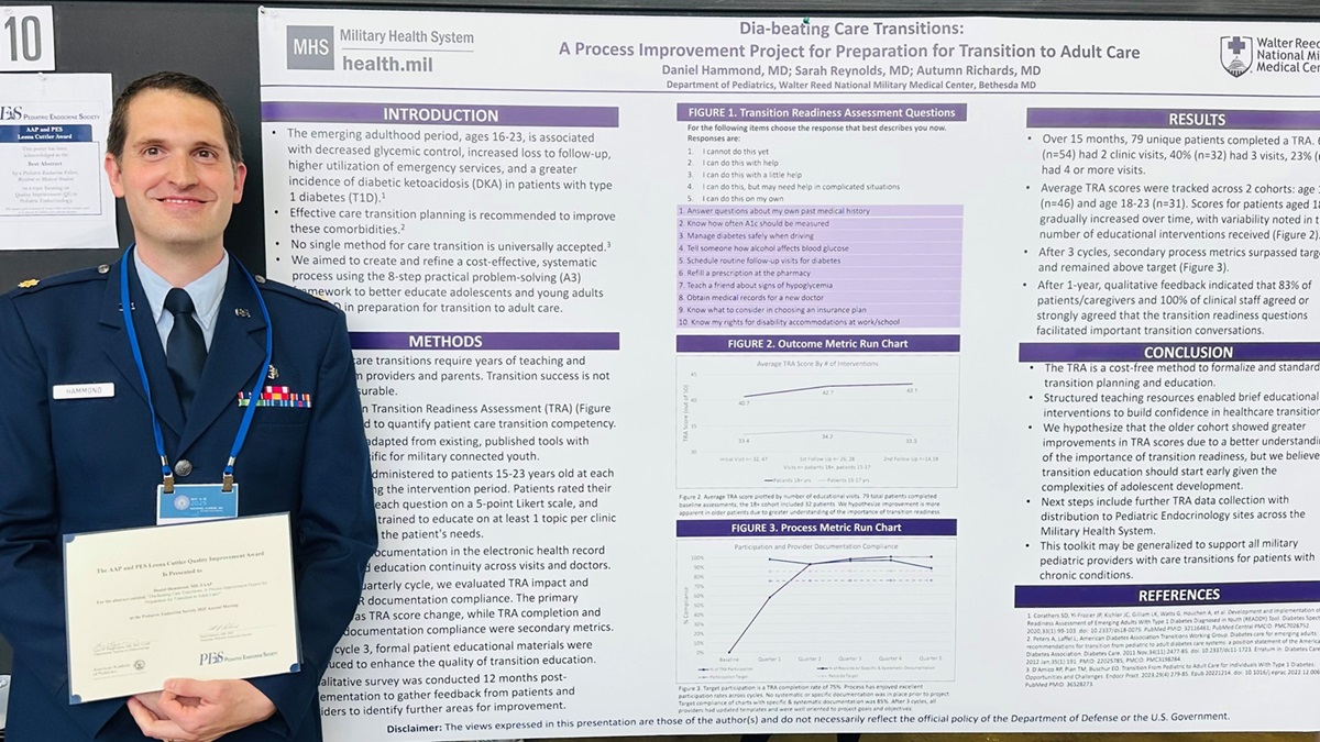 U.S. Air Force Maj. (Dr.) Daniel Hammond, a third-year Pediatric Endocrinology fellow at Walter Reed, recently received multiple competitive awards for his efforts to enhance care for adolescents with diabetes transitioning to care in adult medicine.