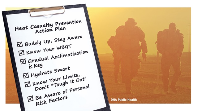 Preventing heat casualties requires an action plan. Remember to buddy up, know your Wet Bulb Globe Temperature, acclimate gradually and hydrate smart. Additional tips for reducing risk include lightening your load and modifying clothing to increase air circulation. (Defense Health Agency-Public Health graphic illustration by Andrew Leitzer).