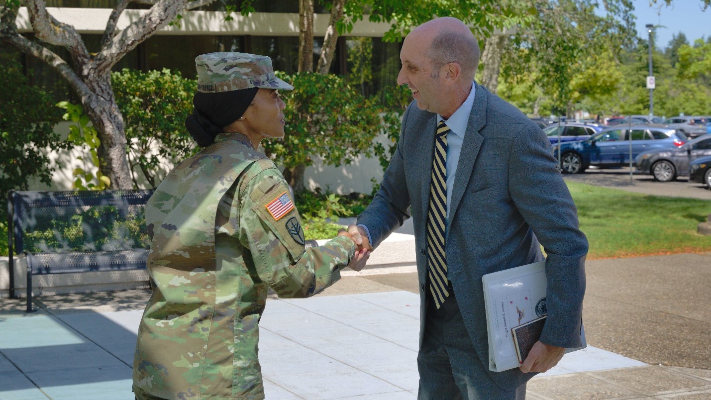 Pictured from left to right: Madigan Commander, U.S. Army Col. Hope M. Williamson-Younce greets Dr. Stephen Ferrara, acting assistant secretary of defense for Health Affairs, at Madigan Army Medical Center.