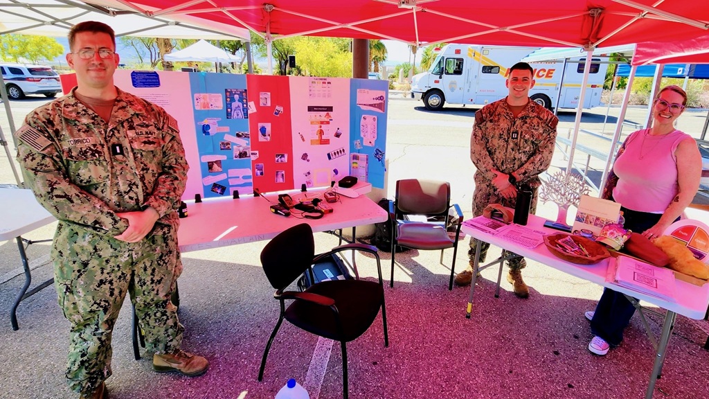 Pictured: Lt. j.g. Victor Torrico, industrial hygiene officer (left), Lt. Jake Odom, physical therapist (center), and Public Health Specialist Tanya Stuckey (right) of Naval Hospital Twentynine Palms at the Emergency Preparedness and Suicide Awareness Event Sept. 10.