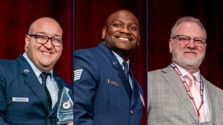 From left to right, Air Force Master Sgt. Jonathan Rodriguez-Feliciano, deputy chief information officer at the 374th Medical Group base at Yokota Air Base in Japan; Air Force Tech. Sgt. Ezekiel Gandy accepted the award on behalf of the 8th Medical Group, Kunsan Air Base in South Korea; and Kelly McCreery Lyster Army Health Clinic at Fort Rucker in Alabama received DHA IT Awards on behalf of their units while at the Defense Health Information Technology Symposium in Nashville, Tennessee, in August 2025.