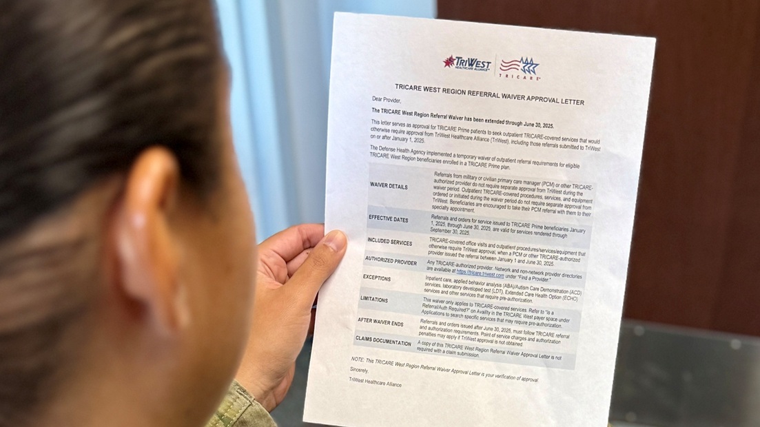 TRICARE issued a reminder Sept. 9 that a West Region referral approval waiver deadline is nearing. If you used the West Region referral approval waiver to see a specialist between Jan. 1 and June 30, 2025 and need to continue seeing that specialist, you’ll need to get a new referral to a network specialist before Oct. 1, 2025. Defense Health Agency Photo by Maria C. Yager.