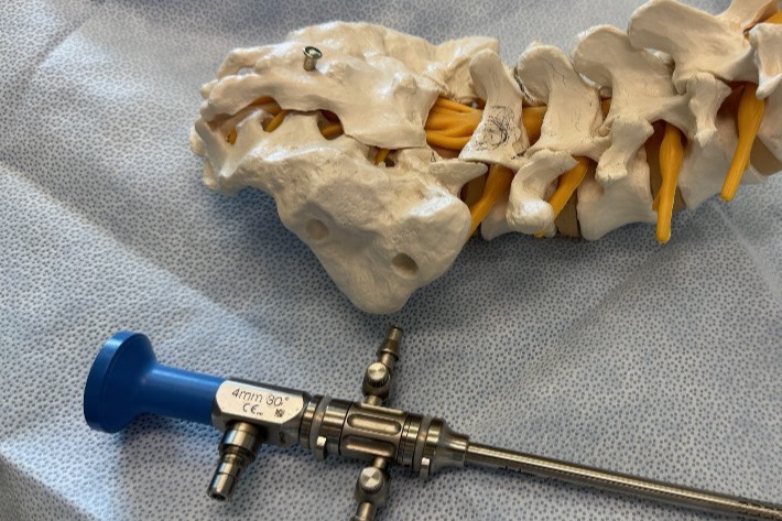 Dr. Lawless explains the surgical procedure in his office with a spine visual aid at USNHO (U.S. Navy photo by Public Affairs Officer Trey Savitz)