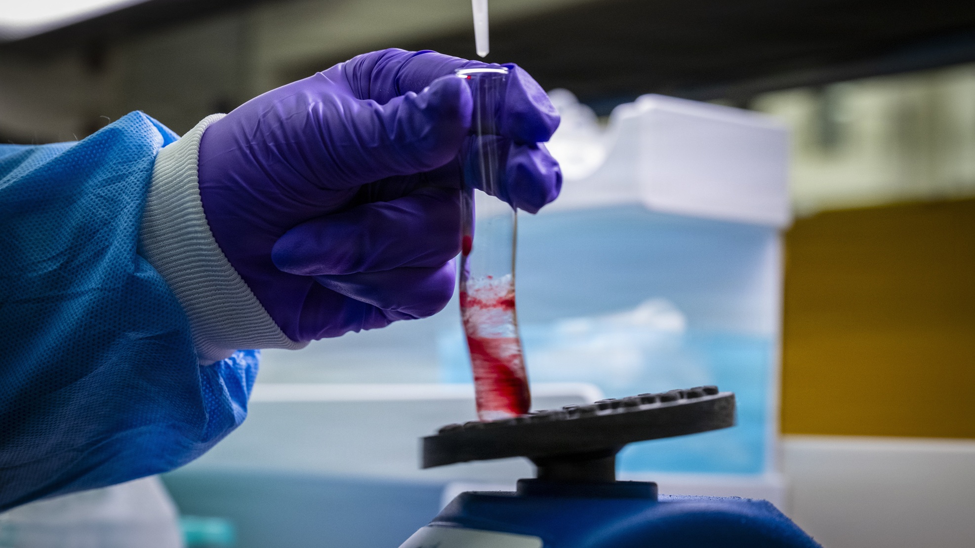 Megan Dunkle, Forensic Toxicology method development analytical toxicologist 2, adds an organic chemical in a drop-wise fashion to precipitate blood proteins out of a solution, in the extractions laboratory of the FORTOX division of the Armed Forces Medical Examiner System, Dover Air Force Base, Delaware, Jan. 13, 2026. 