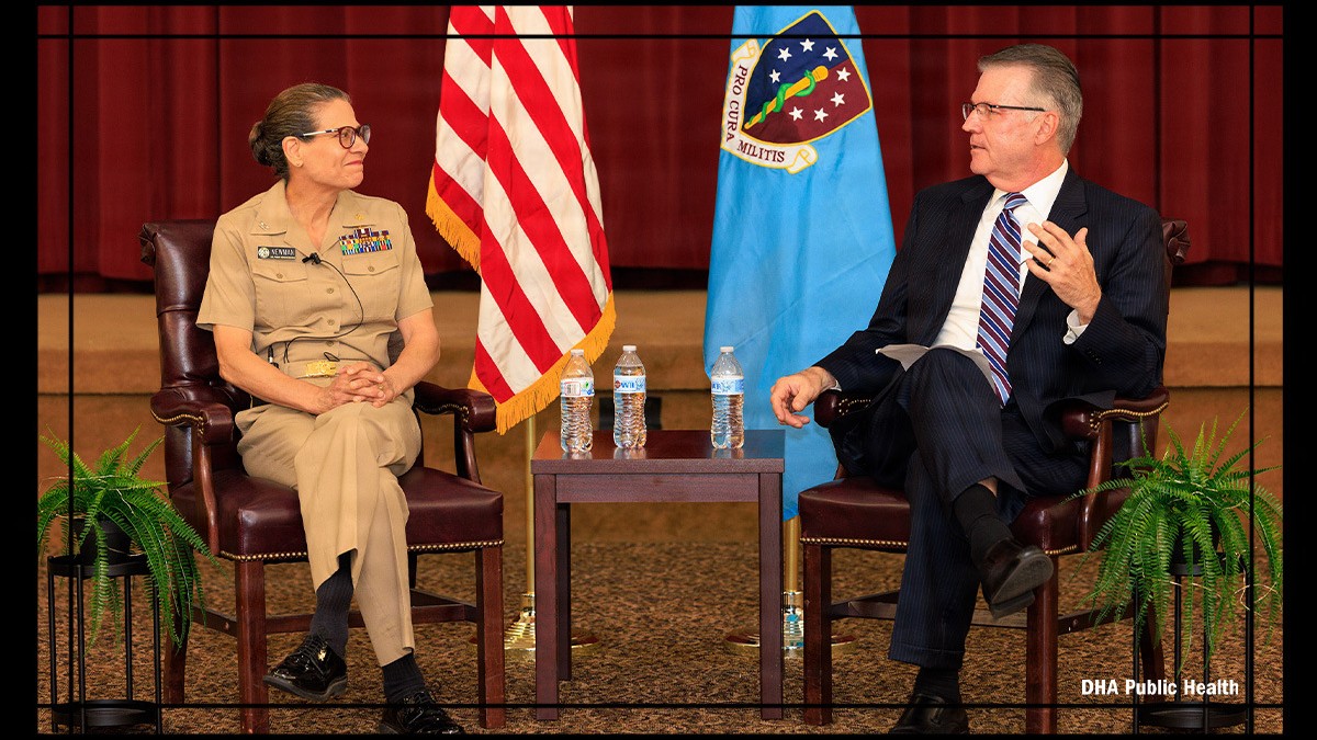U.S. Public Health Service Capt. Sara Newman (left), Defense Health Agency–Public Health director, participated in a town hall hosted by Defense Centers for Public Health–Aberdeen Director Steven Cersovsky at Aberdeen Proving Ground, Maryland, June 25, 2026. Newman visited DCPH-A for an official tour of the center’s laboratory and was given a demonstration of its capabilities. (Department of War photo by Graham Snodgrass).