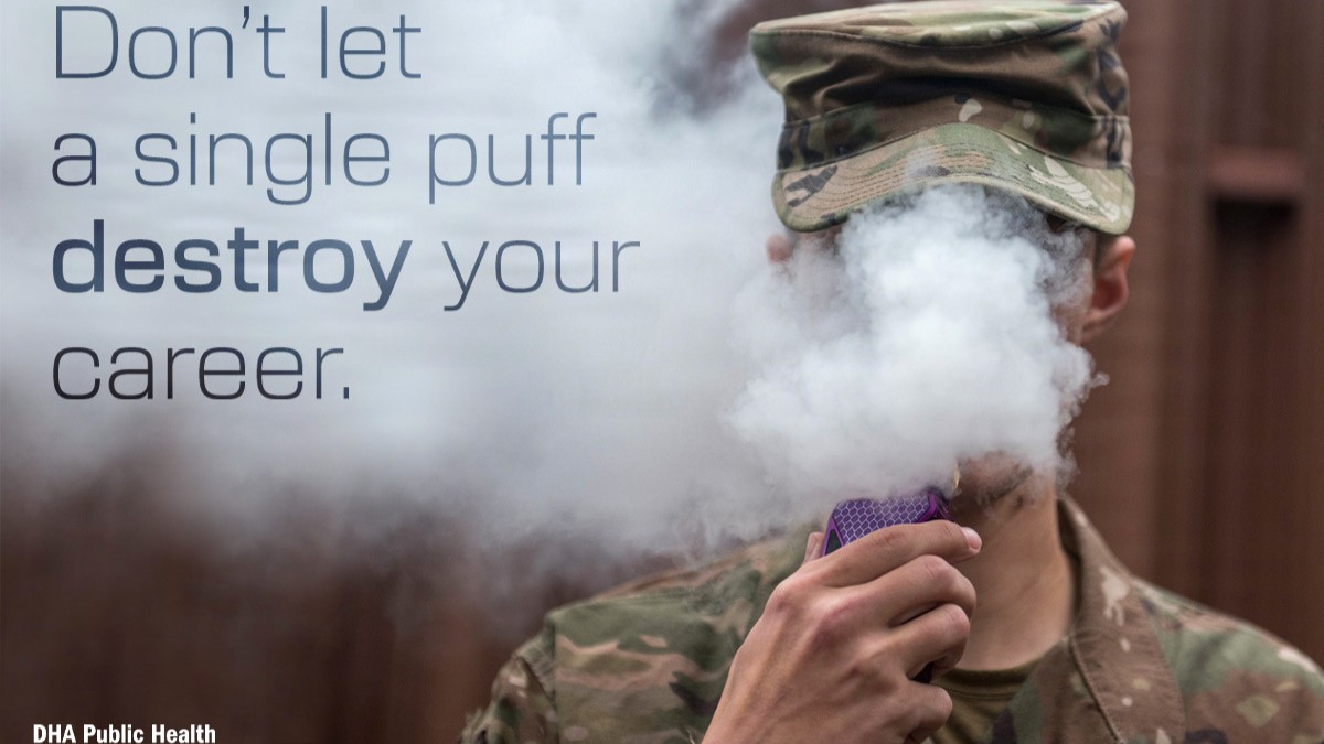 Defense public health experts want service members to know the cloud produced by an electronic cigarette is not water vapor, but a chemical aerosol containing a cocktail of dangerous substances that can cause irreversible damage. Vaping devices create a toxic aerosol, a fine mist of chemicals, that is inhaled deep into the lungs and absorbed into the bloodstream. (Defense Health Agency Public Health graphic illustration by Rachel Stershic).