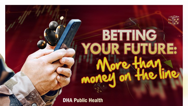 Soldier holding a phone, with the words "Betting Your Future: More than money on the line"