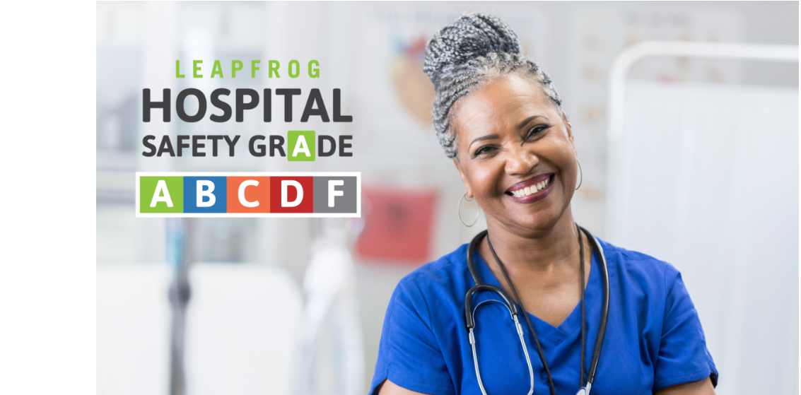 Smiling woman with words "Leapfrog Hospital Safety Grade"