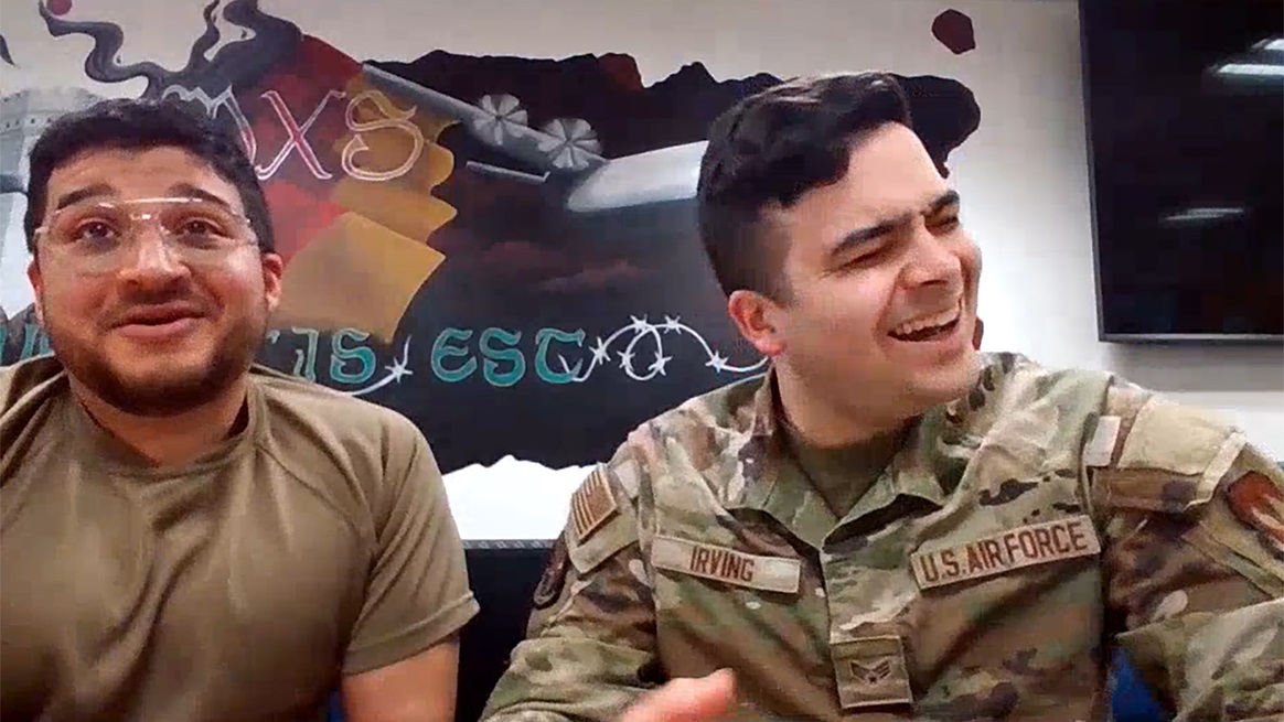  Air Force Senior Airman Anthony Palacios makes Senior Airman Austin Irving laugh during a video interview, May 13, 2025.