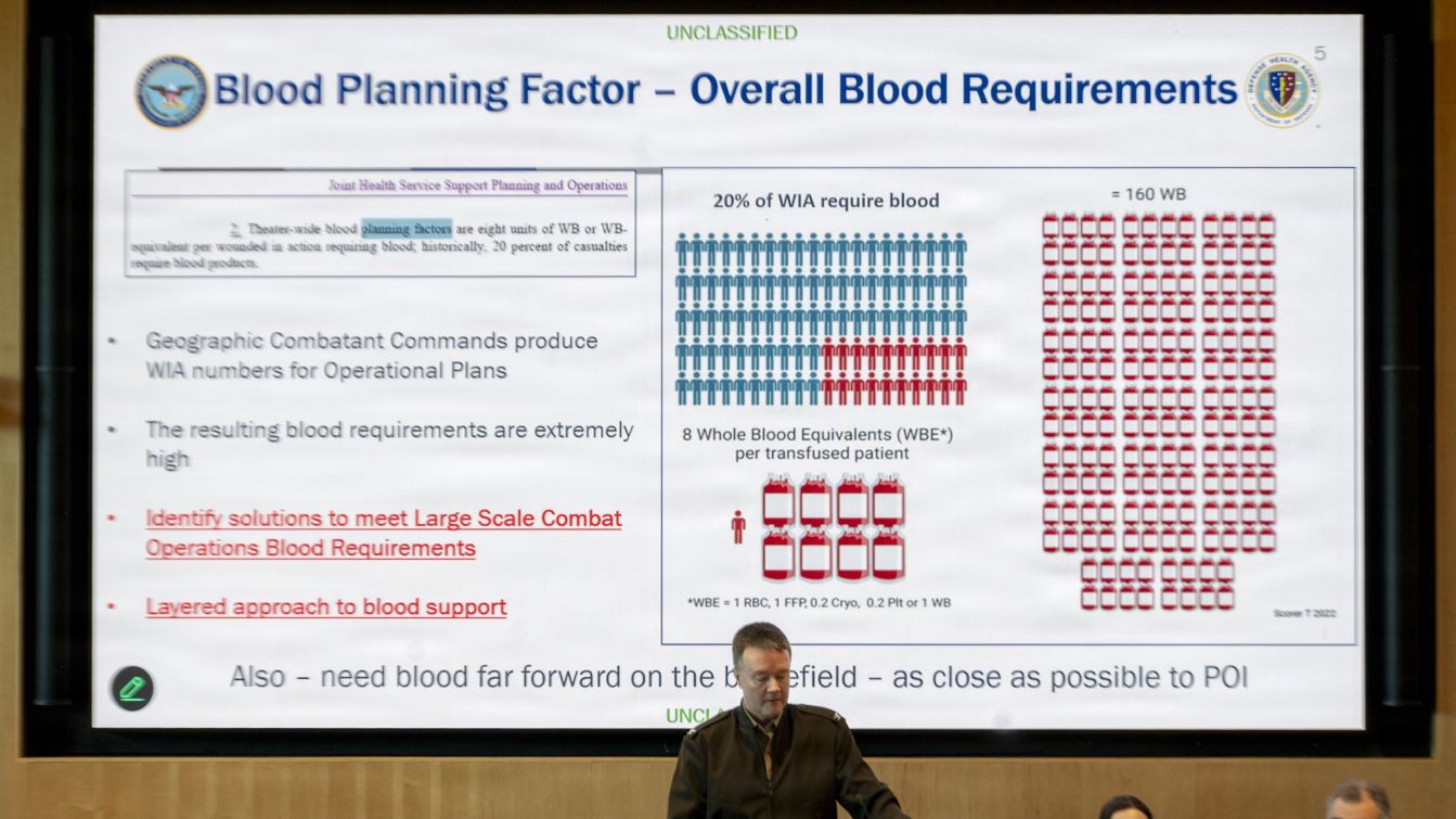 U.S. Army Col. Jason Corley, director of the Armed Services Blood Program, speaks during the Strategic National Forum on Blood and Biotherapies, Bethesda, Md., June 12, 2026. 